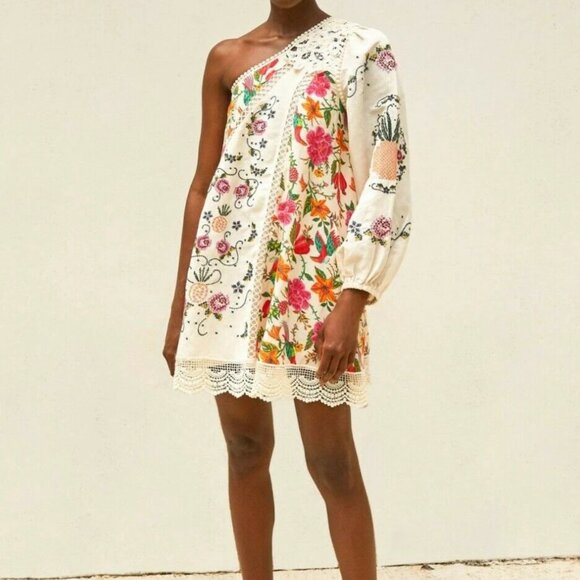 NWT Farm Rio Toucan's Garden print empbroidered one sleeve mini dress Sz M - Picture 5 of 16